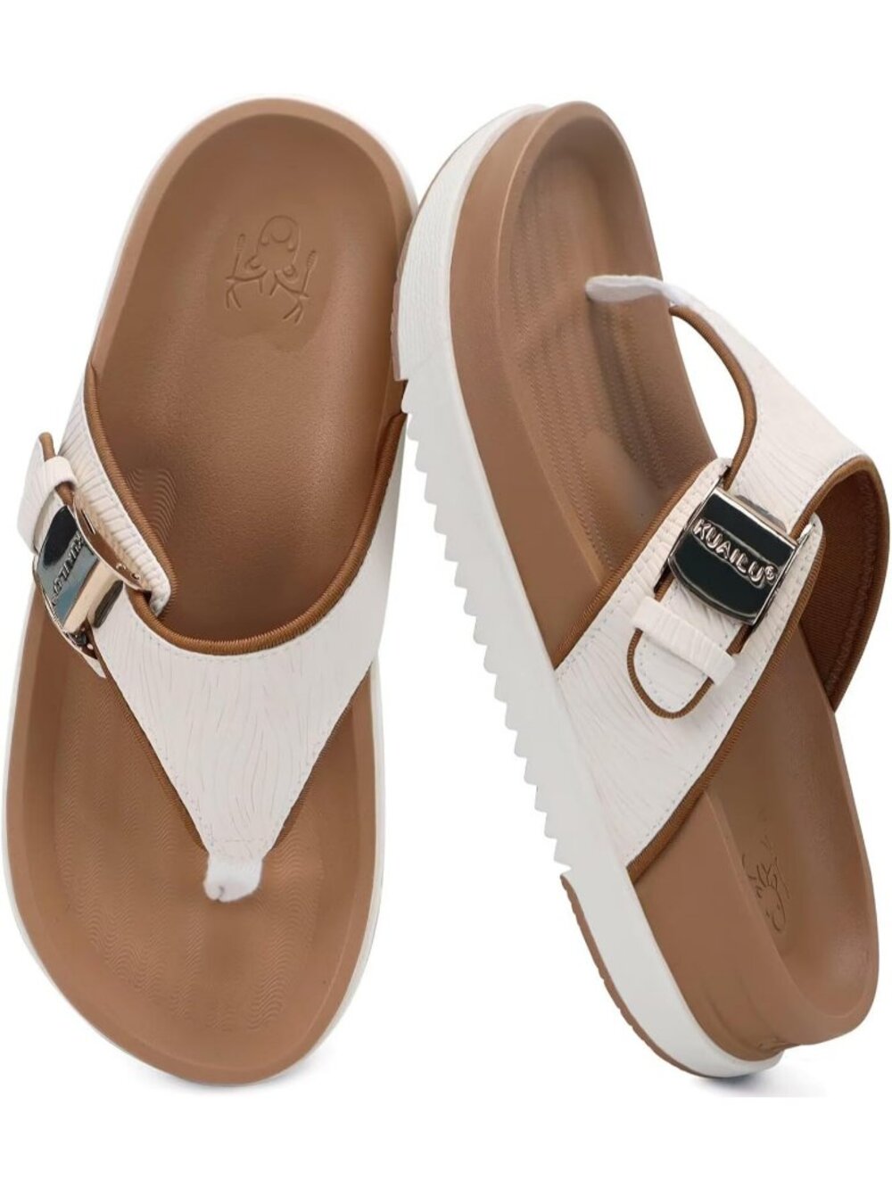 Women's White Khaki Faux Leather Summer Flip Flops Walking Beach Cushion Sandals